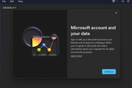 Windows 11记事本AI功能要求登录微软账户，未登录仍可使用基础功能