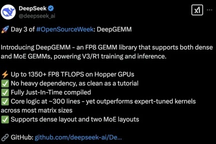 深度优化引领AI未来：DeepSeek开源DeepGEMM显著提升矩阵运算性能